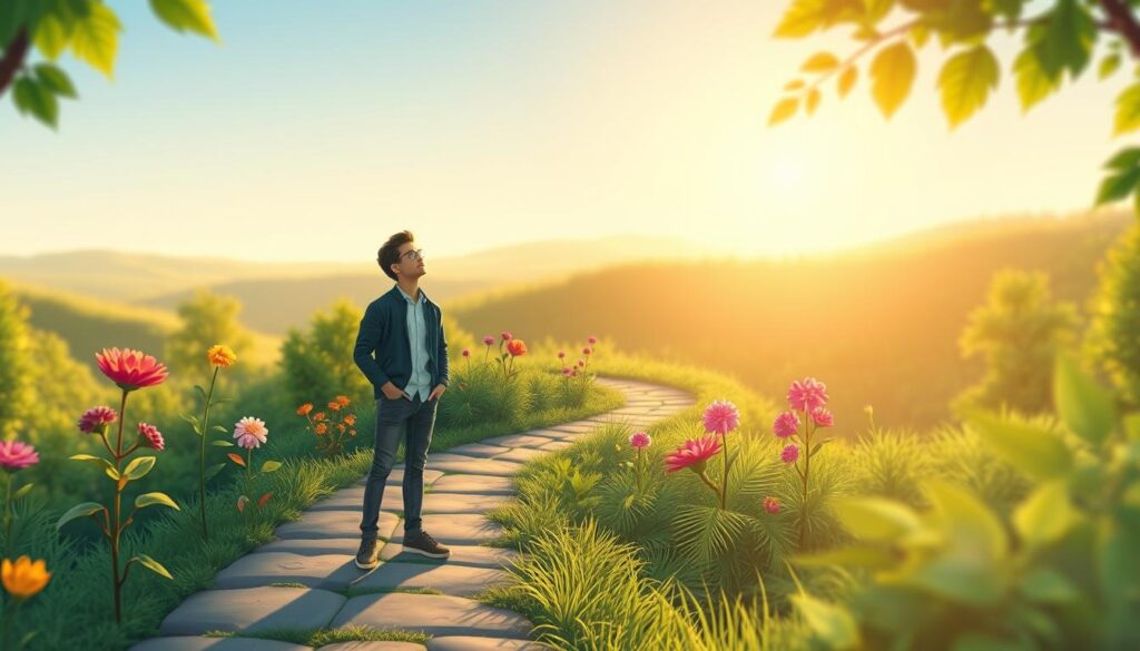 A person stands on a winding path through a sunlit forest, gazing upward, a quiet image of personal growth and possibility.