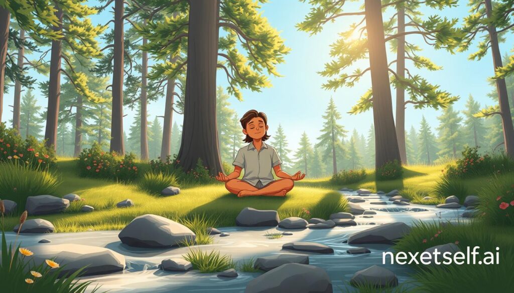 A person sits cross-legged in a sunlit forest glade, eyes closed in calm meditation beside a gentle stream.